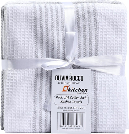 Pack of 4 Green Cotton Tea Towels for Drying Dishes and Cleaning Spills High Absorbency and Durability 65x45 cm by OLIVIA ROCCO Tea Towel