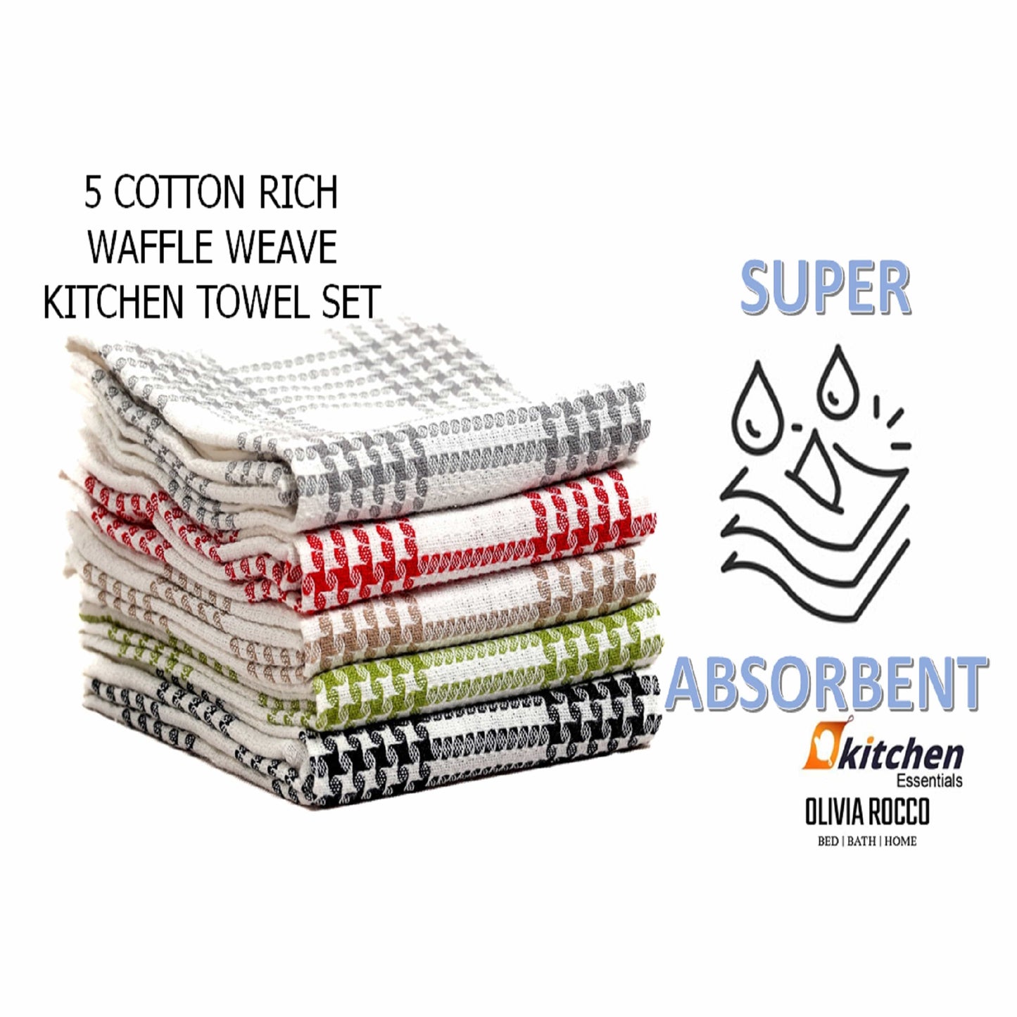 Pack of 5 Houndstooth Tea Towel Kitchen Towels Cotton Super Absorbent Quick Drying Assorted OLIVIA ROCCO Kitchen Tea Towels