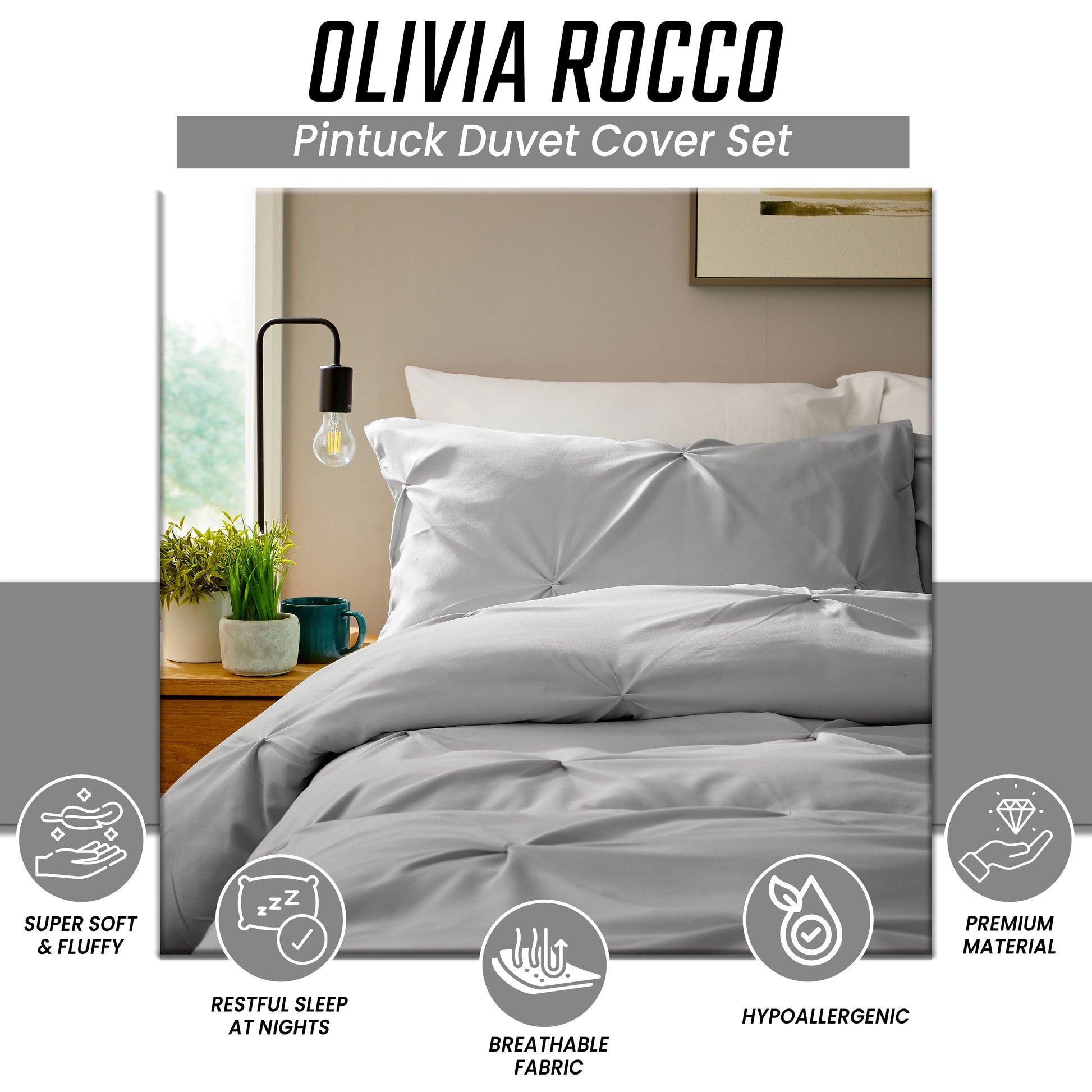 Pintuck Grey Cotton Rich Duvet Cover Set with Pillowcases Soft Breathable Easy Care Bedding Set Quilt Cover by OLIVIA ROCCO Duvet Cover