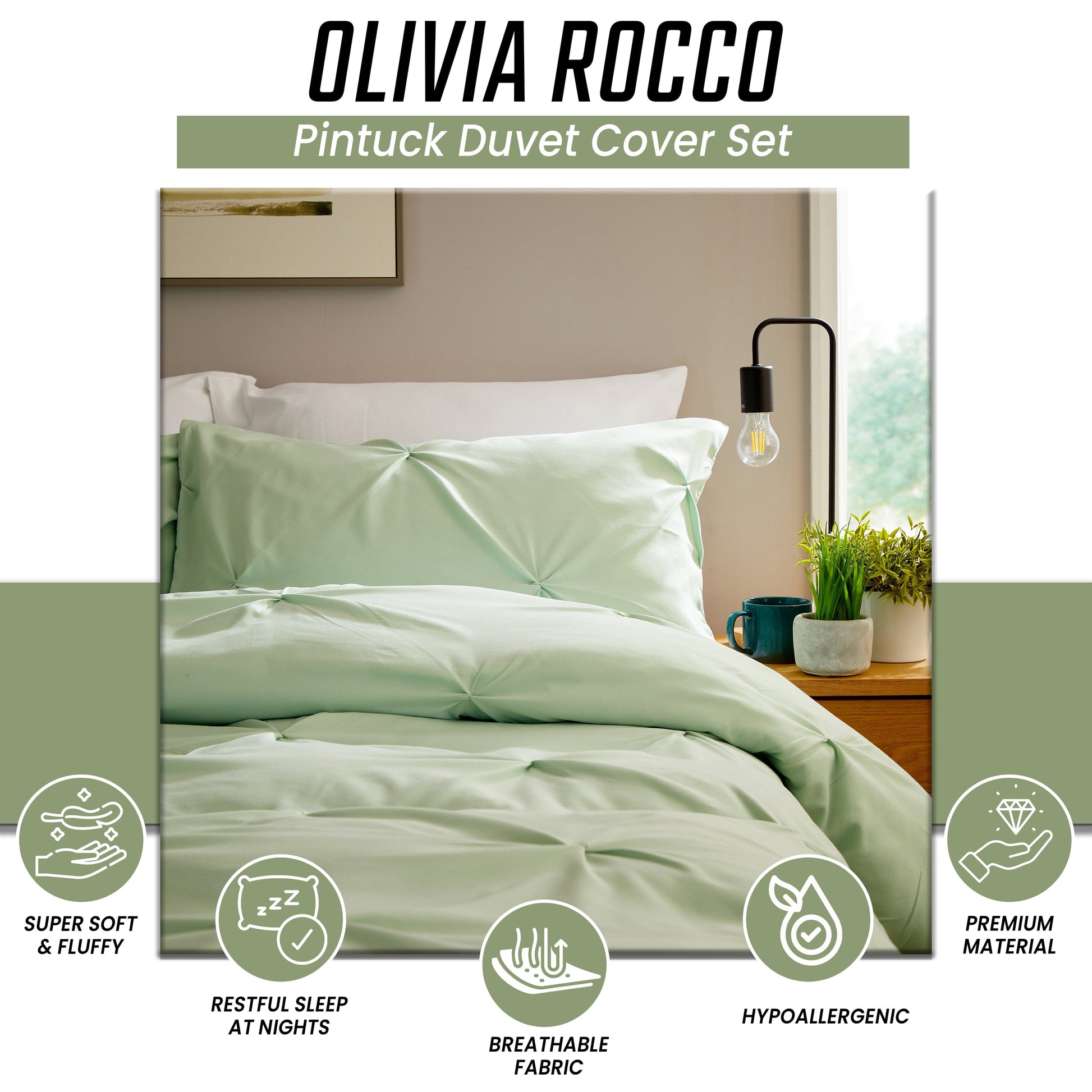 Pintuck Sage Green Cotton Rich Duvet Cover Set with Pillowcases Soft Breathable Easy Care Bedding Set Quilt Cover by OLIVIA ROCCO Duvet Cover