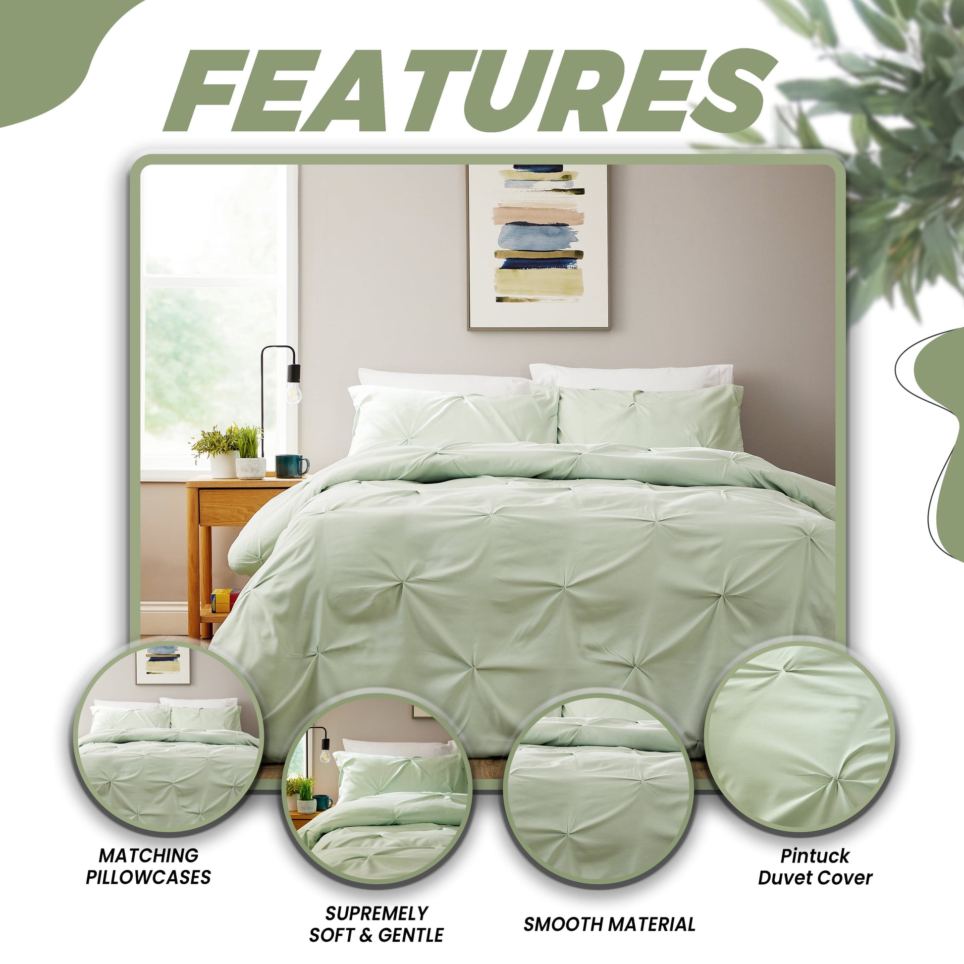 Pintuck Sage Green Cotton Rich Duvet Cover Set with Pillowcases Soft Breathable Easy Care Bedding Set Quilt Cover by OLIVIA ROCCO Duvet Cover