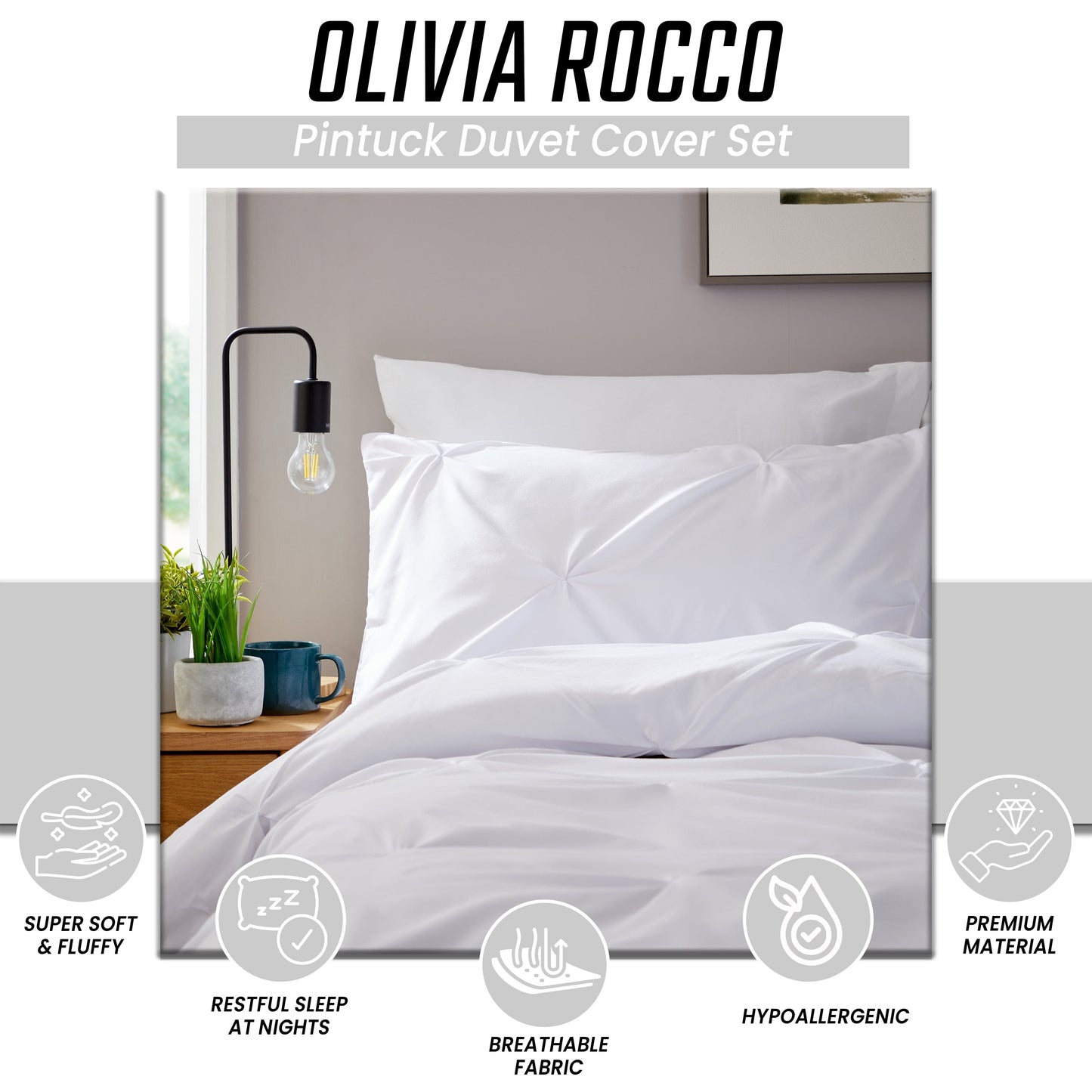 Pintuck White Cotton Rich Duvet Cover Set with Pillowcases Soft Breathable Easy Care Bedding Set Quilt Cover by OLIVIA ROCCO Duvet Cover