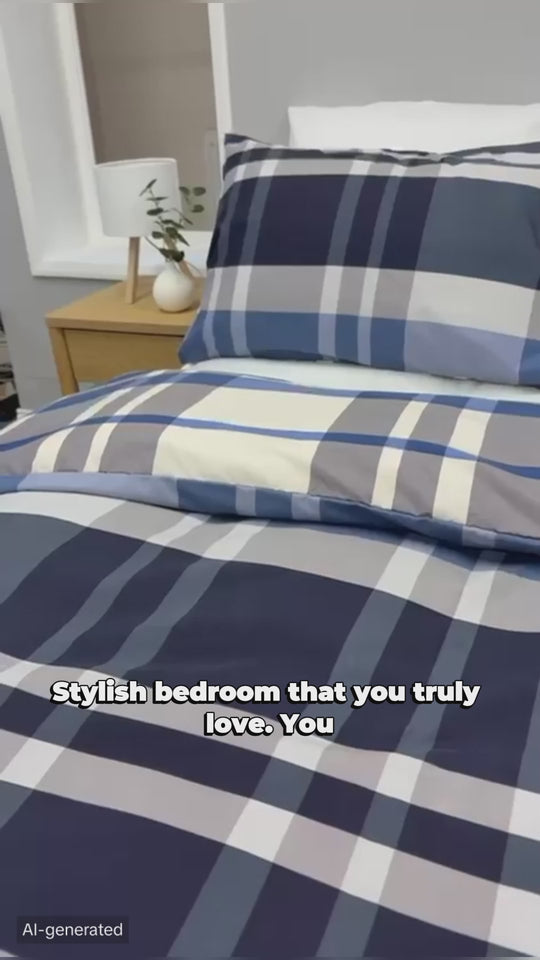 OLIVIA ROCCO Dylan Check Blue Grey Printed Reversible Duvet Cover Set Quilted Microfibre for Easy-Care Everyday Luxury