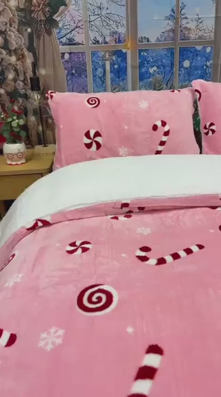 OLIVIA ROCCO Candy Cane Teddy Fleece Duvet Cover Set With Pillowcases Pink Or Grey Cosy