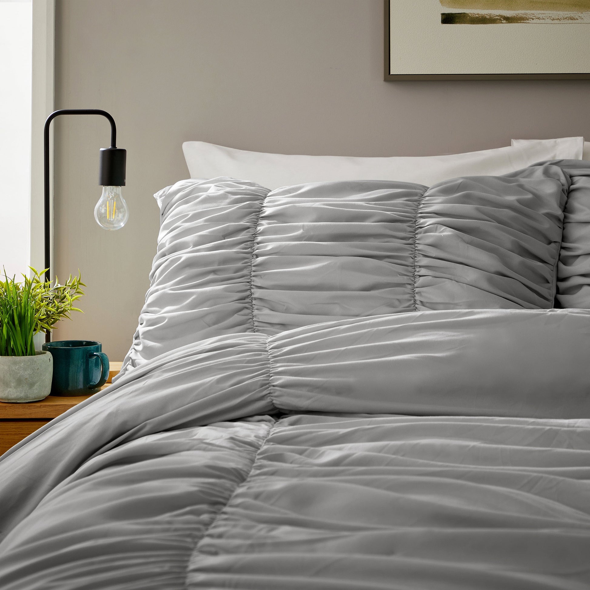 Ruched Grey Cotton Rich Duvet Cover Set with Pillowcases Ruffle Bedding Super Soft Easy Care Quilt Bed Linen by OLIVIA ROCCO Duvet Cover