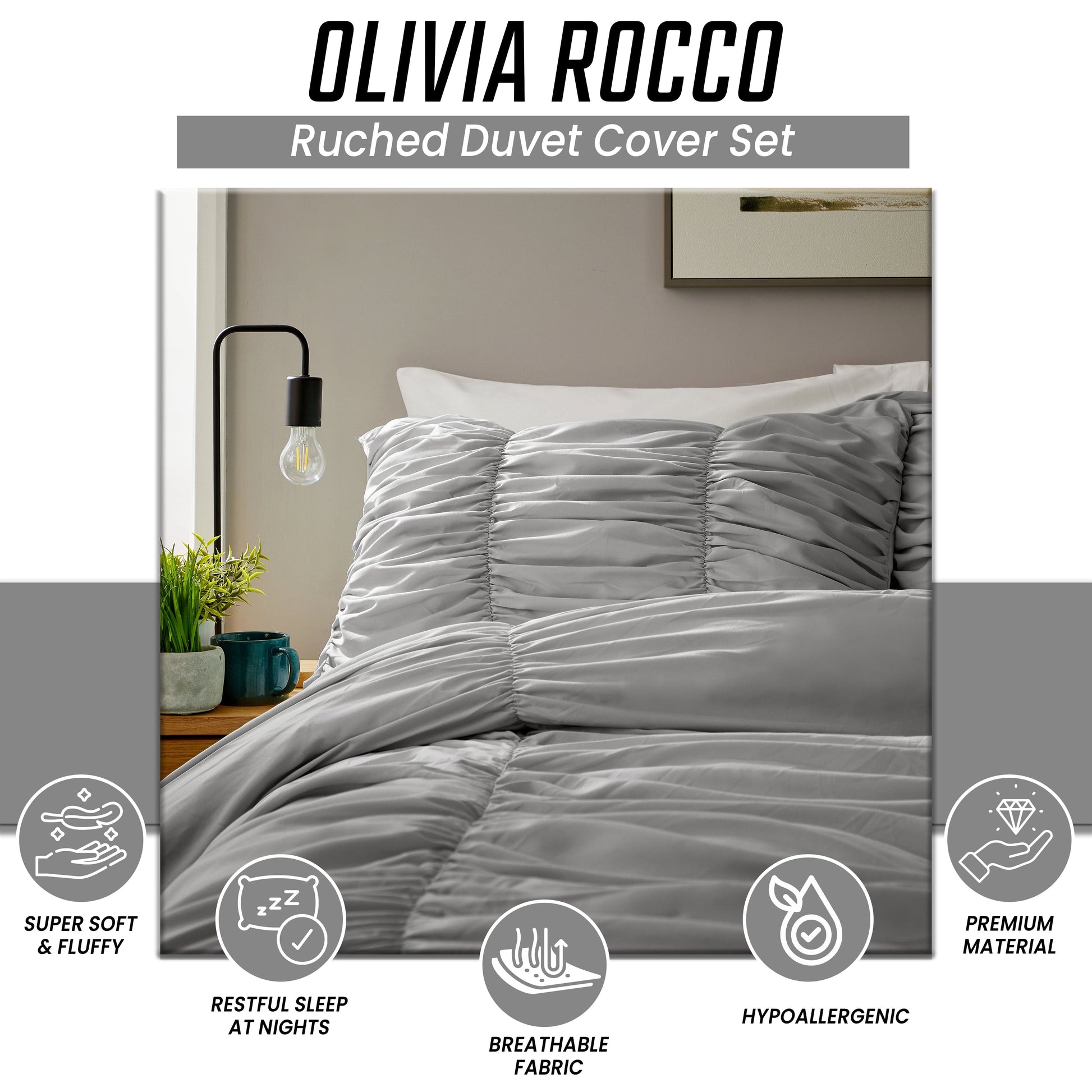Ruched Grey Cotton Rich Duvet Cover Set with Pillowcases Ruffle Bedding Super Soft Easy Care Quilt Bed Linen by OLIVIA ROCCO Duvet Cover