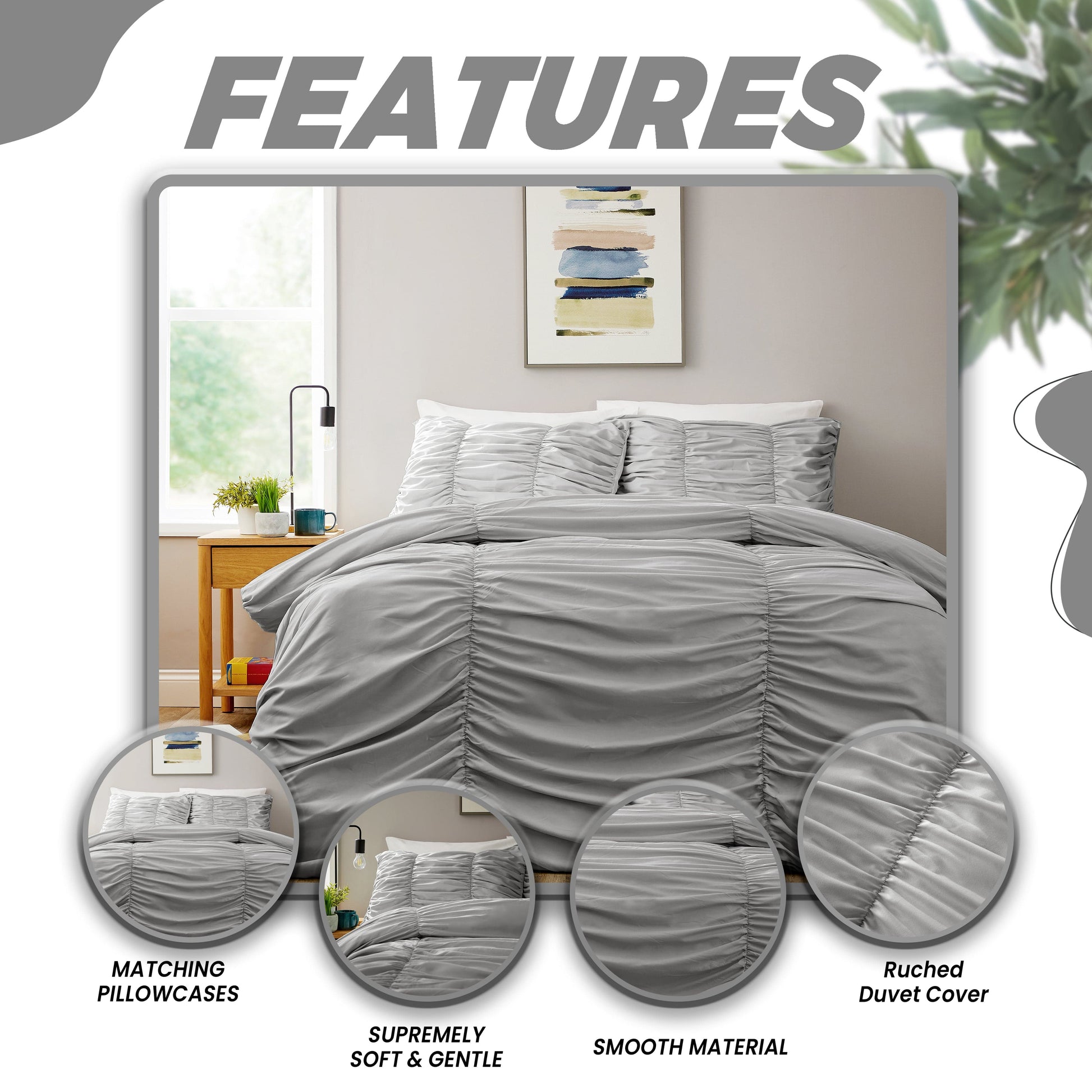 Ruched Grey Cotton Rich Duvet Cover Set with Pillowcases Ruffle Bedding Super Soft Easy Care Quilt Bed Linen by OLIVIA ROCCO Duvet Cover