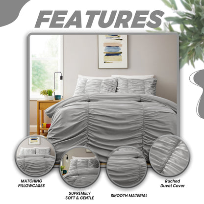 Ruched Grey Cotton Rich Duvet Cover Set with Pillowcases Ruffle Bedding Super Soft Easy Care Quilt Bed Linen by OLIVIA ROCCO Duvet Cover