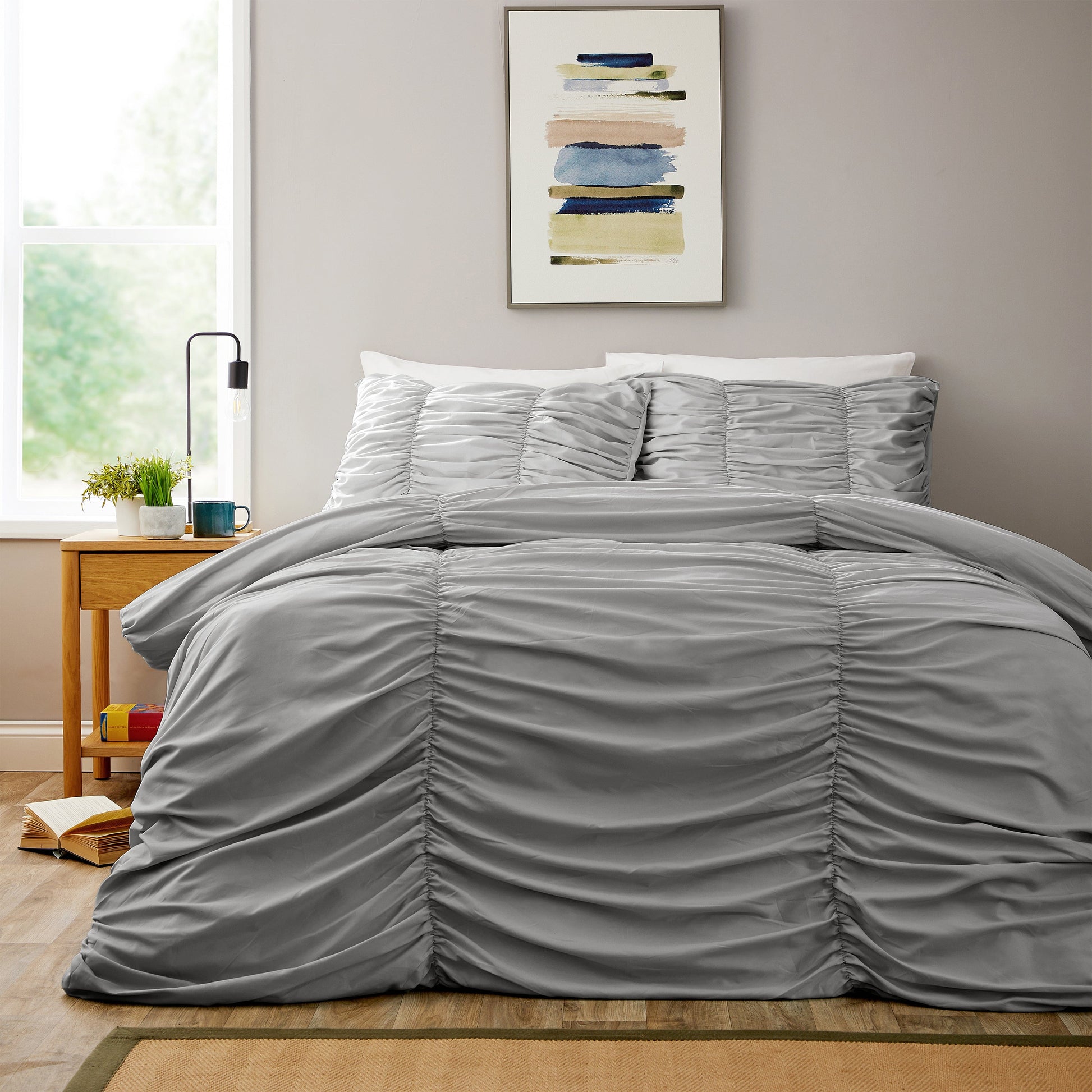 Ruched Grey Cotton Rich Duvet Cover Set with Pillowcases Ruffle Bedding Super Soft Easy Care Quilt Bed Linen by OLIVIA ROCCO SINGLE Duvet Cover