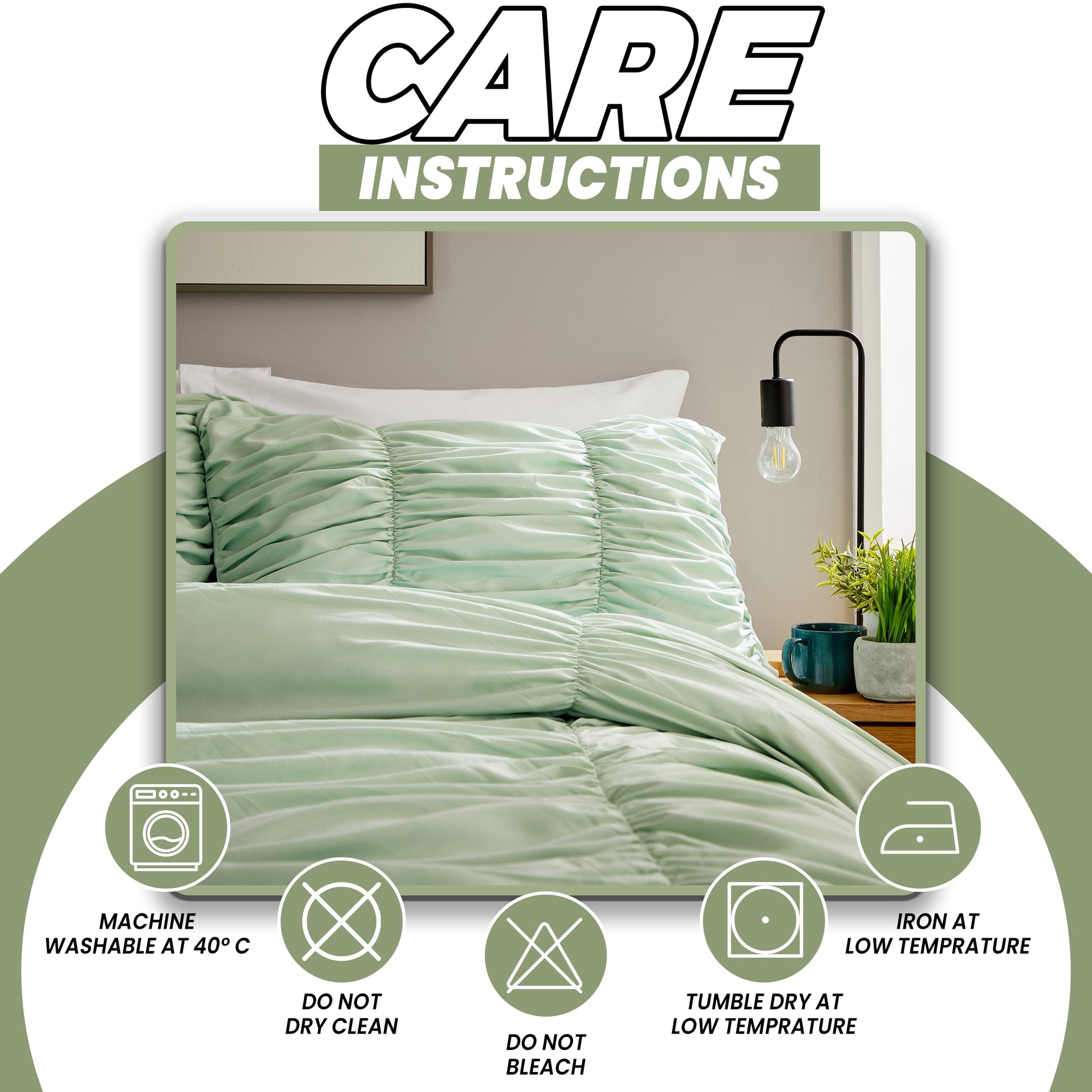 Ruched Sage Green Cotton Rich Duvet Cover Set with Pillowcases Ruffle Bedding Super Soft Easy Care Quilt Bed Linen by OLIVIA ROCCO Duvet Cover