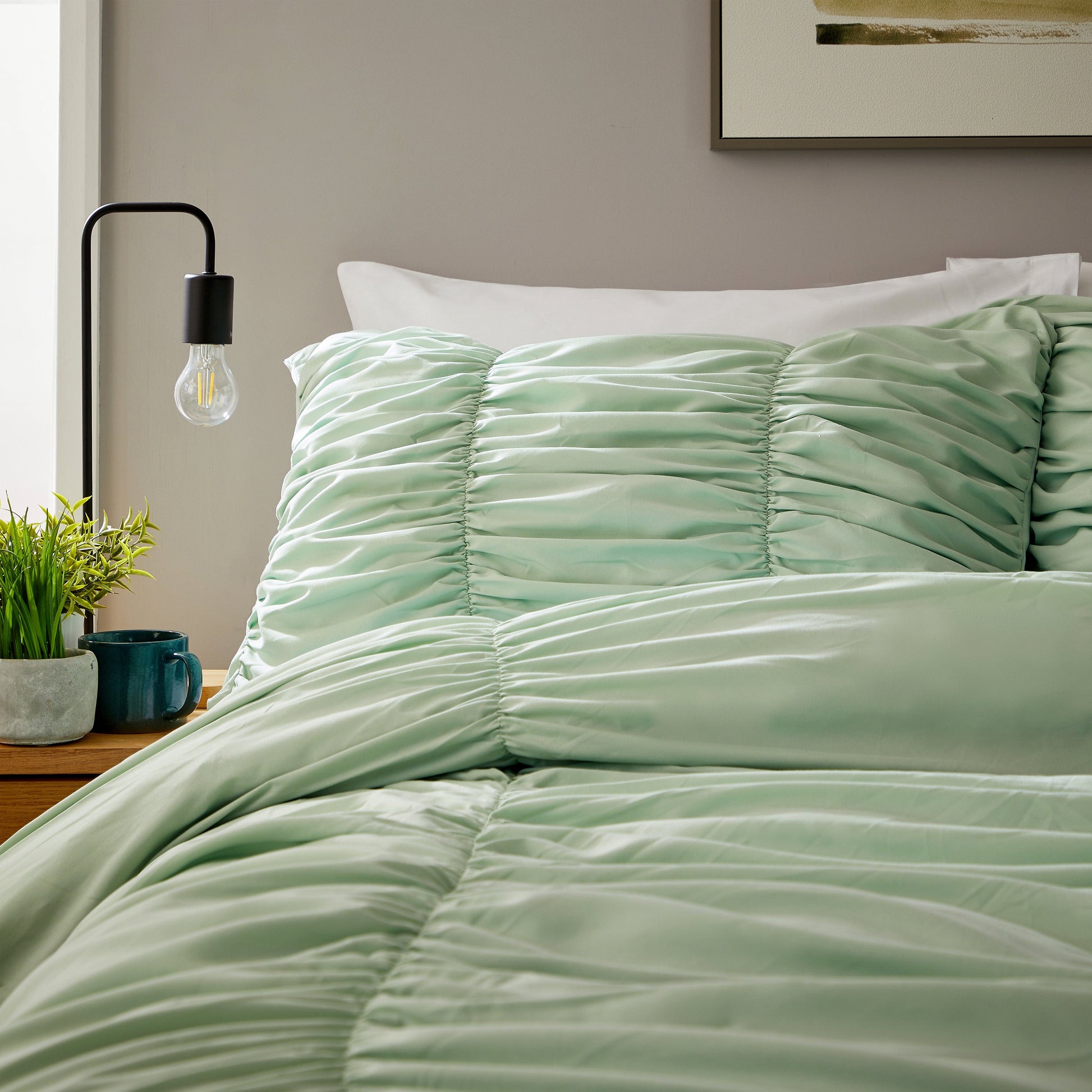 Ruched Sage Green Cotton Rich Duvet Cover Set with Pillowcases Ruffle Bedding Super Soft Easy Care Quilt Bed Linen by OLIVIA ROCCO Duvet Cover
