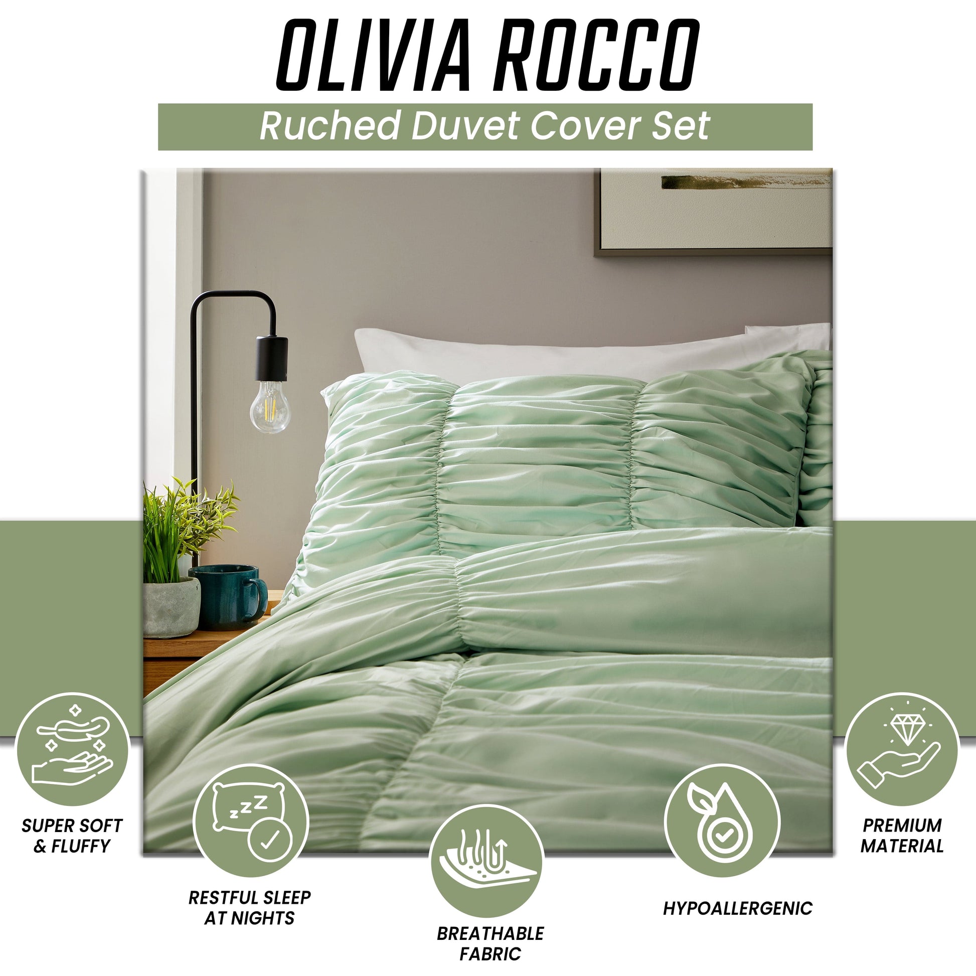 Ruched Sage Green Cotton Rich Duvet Cover Set with Pillowcases Ruffle Bedding Super Soft Easy Care Quilt Bed Linen by OLIVIA ROCCO Duvet Cover
