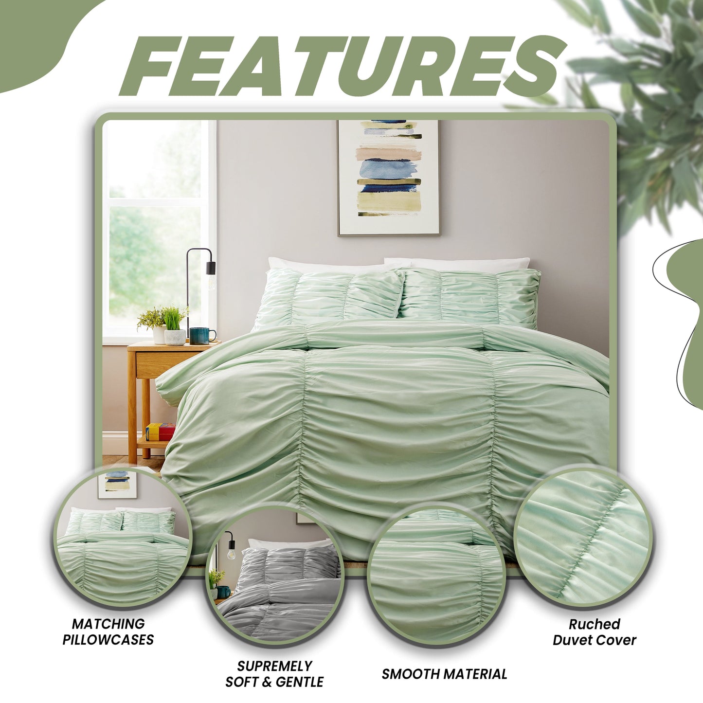Ruched Sage Green Cotton Rich Duvet Cover Set with Pillowcases Ruffle Bedding Super Soft Easy Care Quilt Bed Linen by OLIVIA ROCCO Duvet Cover