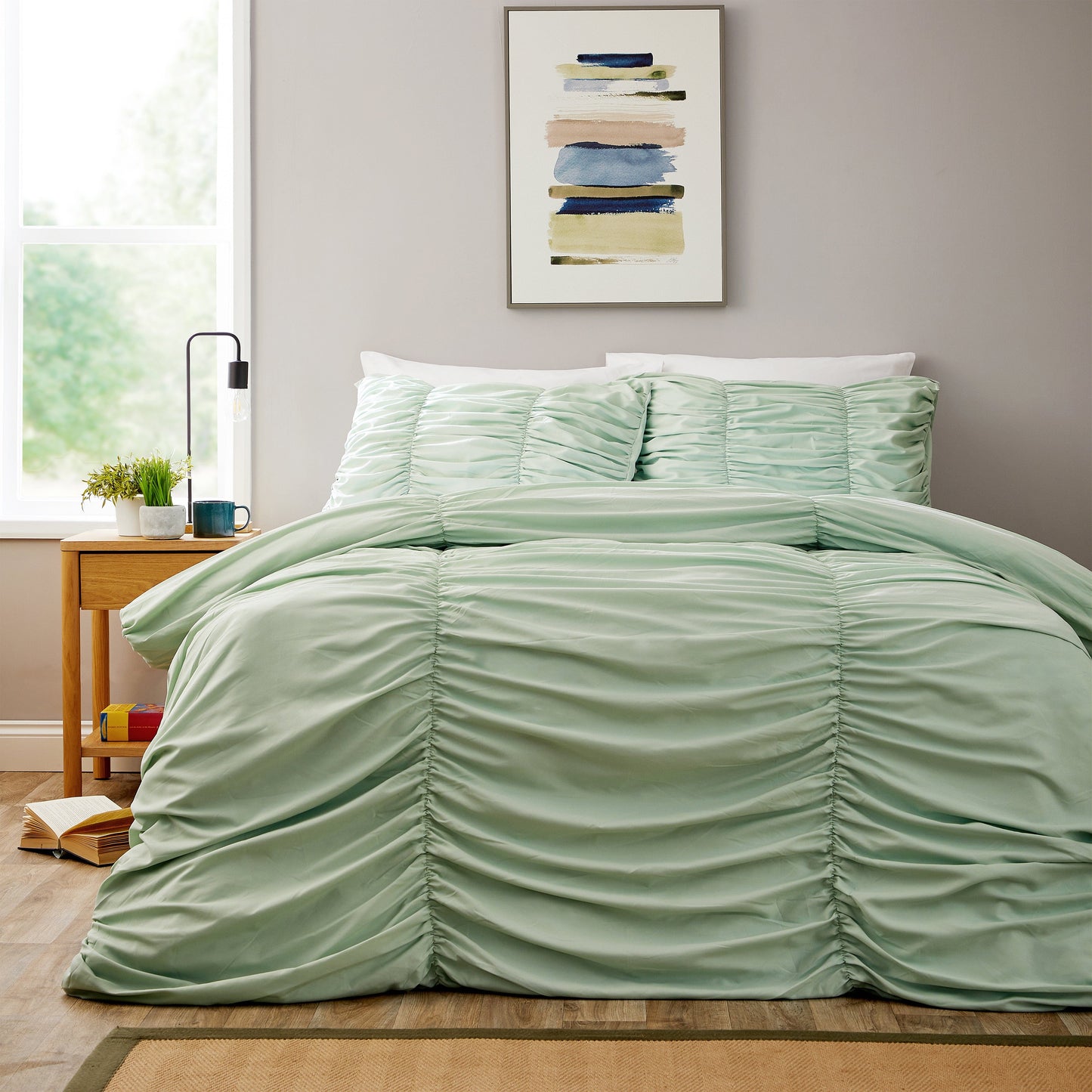 Ruched Sage Green Cotton Rich Duvet Cover Set with Pillowcases Ruffle Bedding Super Soft Easy Care Quilt Bed Linen by OLIVIA ROCCO SINGLE Duvet Cover