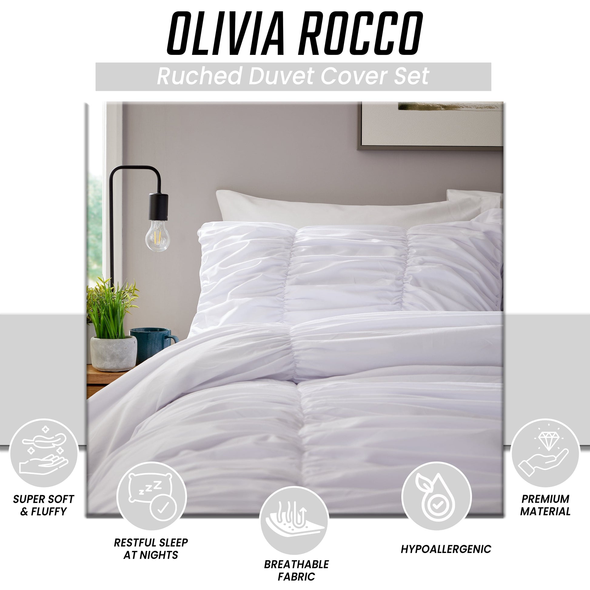 Ruched White Cotton Rich Duvet Cover Set with Pillowcases Ruffle Bedding Super Soft Easy Care Quilt Bed Linen by OLIVIA ROCCO Duvet Cover