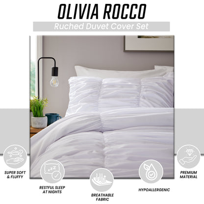 Ruched White Cotton Rich Duvet Cover Set with Pillowcases Ruffle Bedding Super Soft Easy Care Quilt Bed Linen by OLIVIA ROCCO Duvet Cover