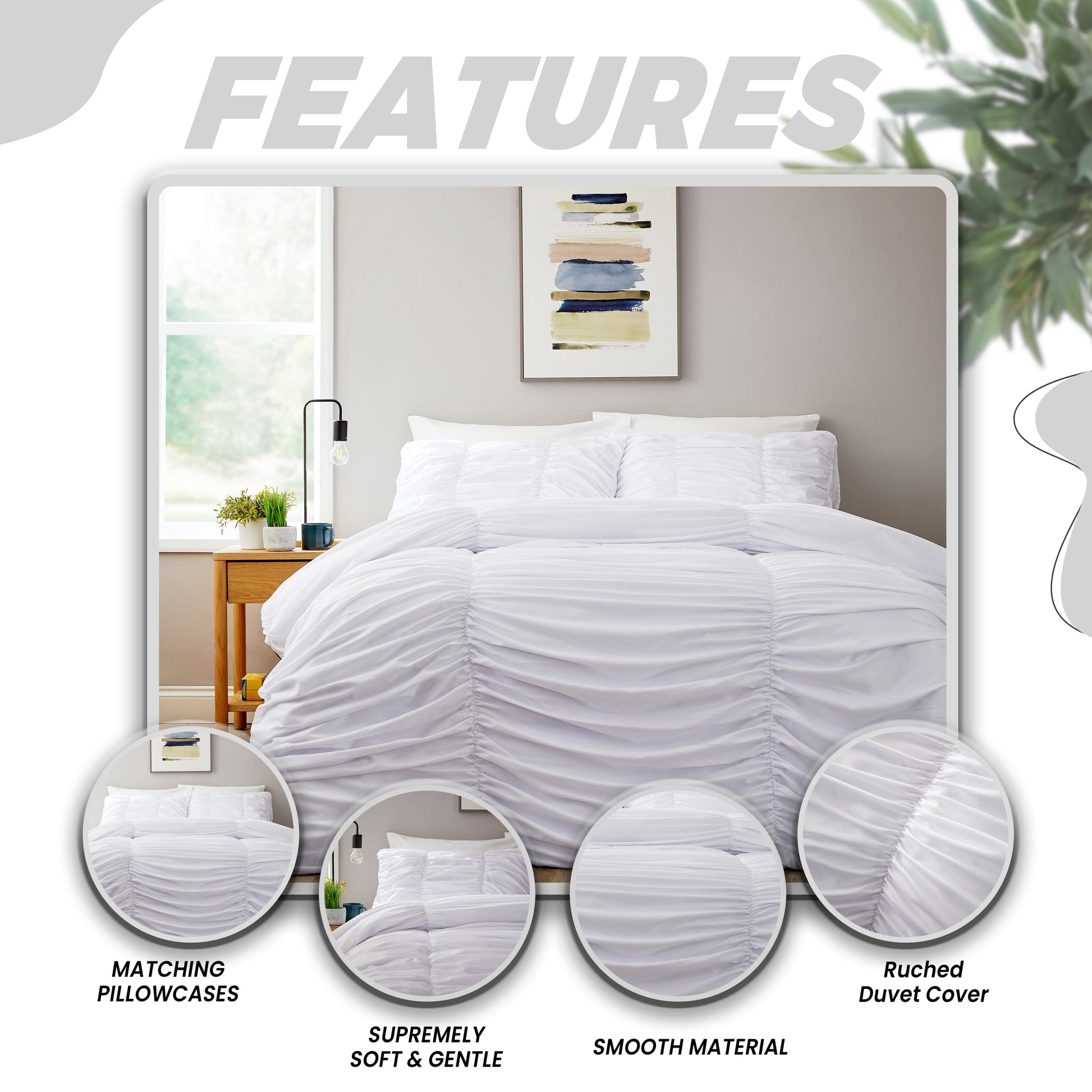 Ruched White Cotton Rich Duvet Cover Set with Pillowcases Ruffle Bedding Super Soft Easy Care Quilt Bed Linen by OLIVIA ROCCO Duvet Cover