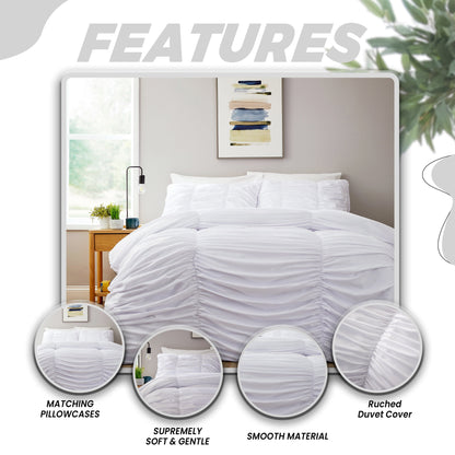 Ruched White Cotton Rich Duvet Cover Set with Pillowcases Ruffle Bedding Super Soft Easy Care Quilt Bed Linen by OLIVIA ROCCO Duvet Cover