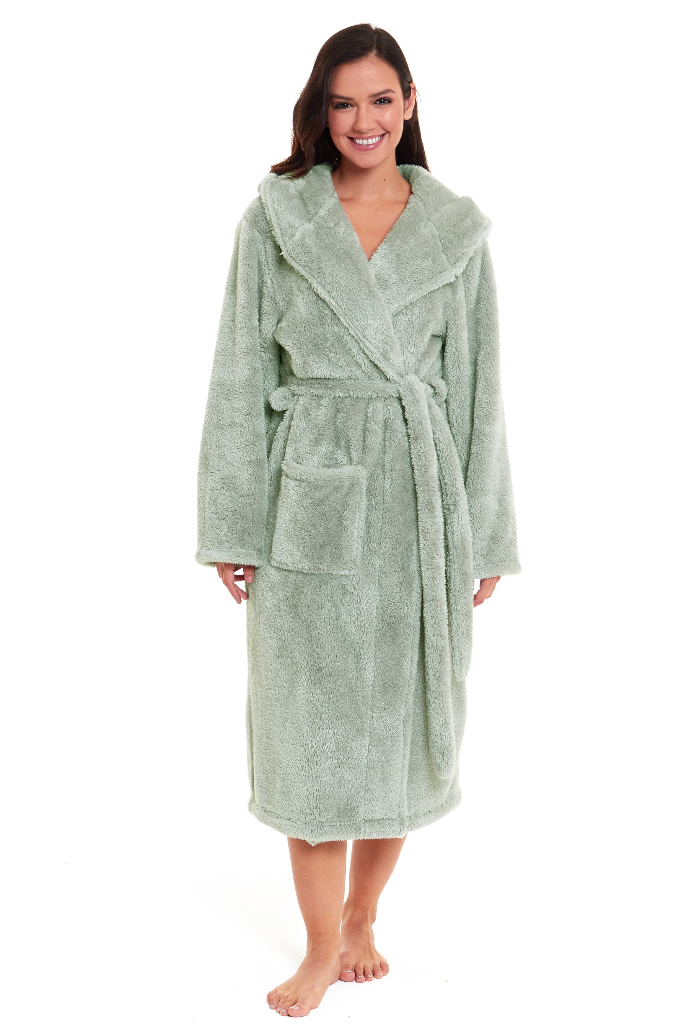slim fit dress slacks OLIVIA ROCCO Womens Sage Green Fleece Touch Hooded Robe Extra Long