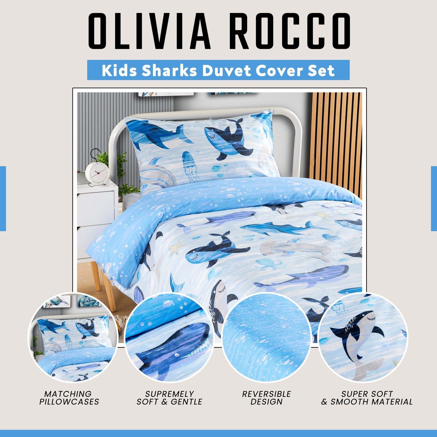 Sharks Duvet Cover Set Bedding for Kids Soft Cotton Reversible Design Quilt Bed Covers with Pillowcases OLIVIA ROCCO Duvet Cover