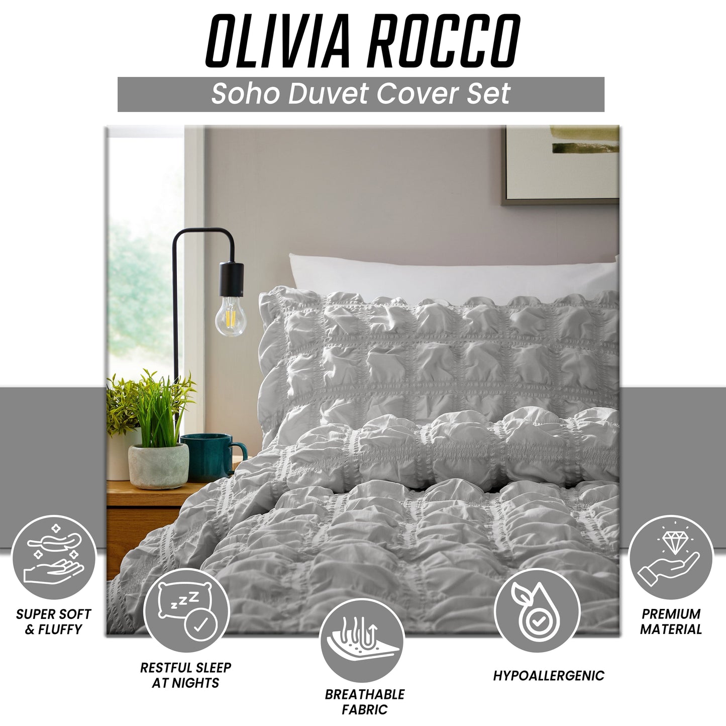 Soho Grey Cotton Rich Duvet Cover Set with Pillowcases Quilted Super Soft Easy Care Bedding Bed Linen Set by OLIVIA ROCCO Duvet Cover