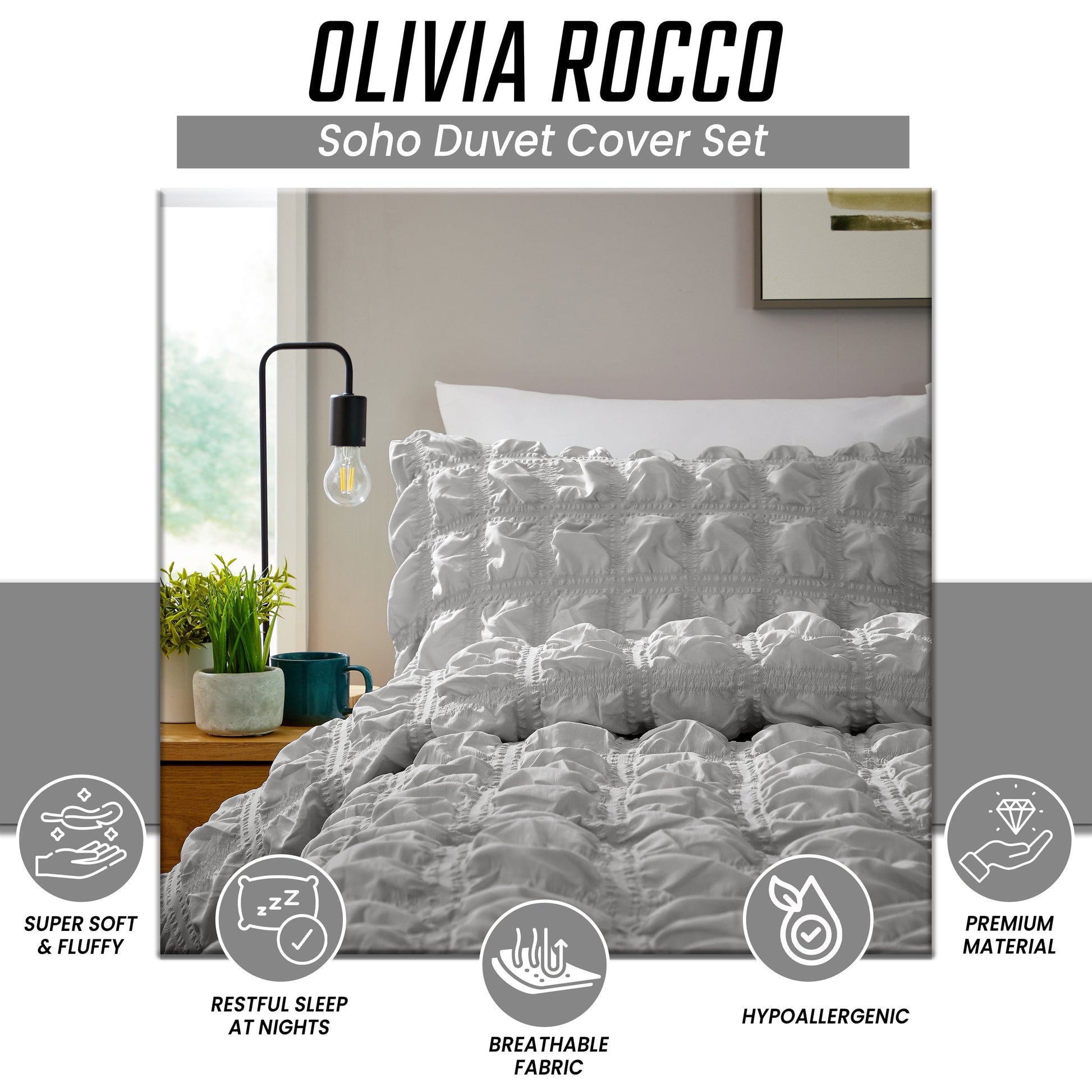 Soho Grey Cotton Rich Duvet Cover Set with Pillowcases Quilted Super Soft Easy Care Bedding Bed Linen Set by OLIVIA ROCCO Duvet Cover
