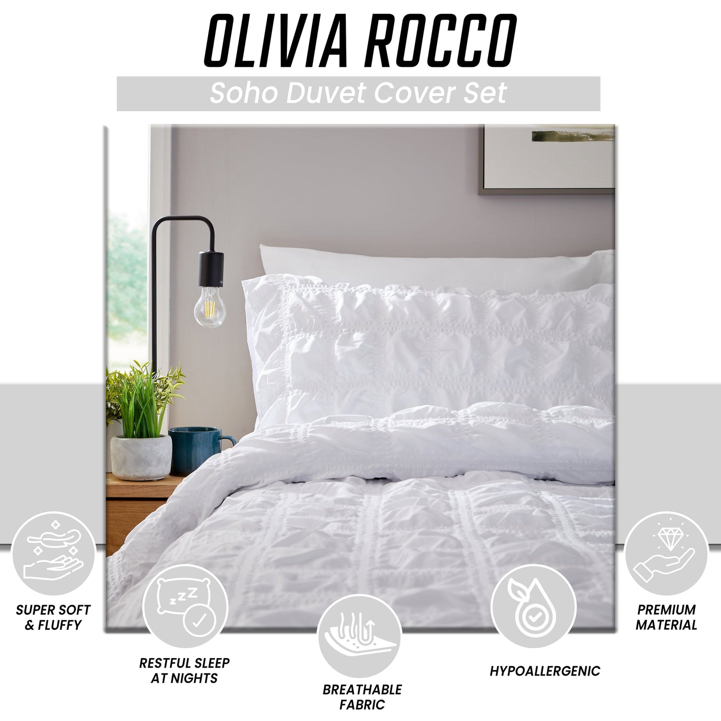 Soho White Cotton Rich Duvet Cover Set with Pillowcases Quilted Super Soft Easy Care Bedding Bed Linen Set by OLIVIA ROCCO Duvet Cover