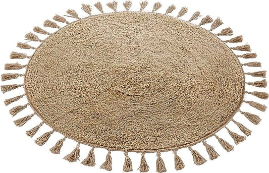 Super Soft Absorbent Non-Slip Round Tasselled Bath Mat 100% Cotton Bathroom Rug in Duck Egg Grey Natural and White by OLIVIA ROCCO 70cm Round / NATURAL Bath Mat