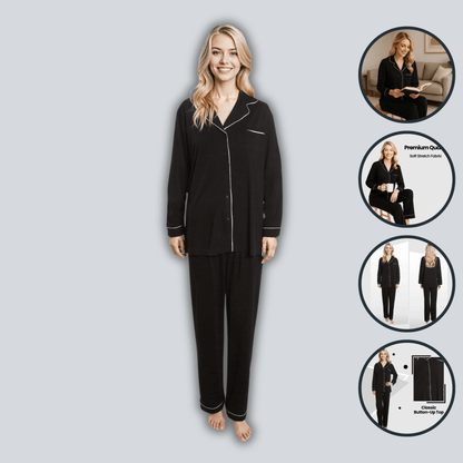 Women's Black Pyjama Set Soft Touch Long Sleeve Button-Up Top & Bottoms Two-Piece Nightwear by Daisy Dreamer Pyjamas