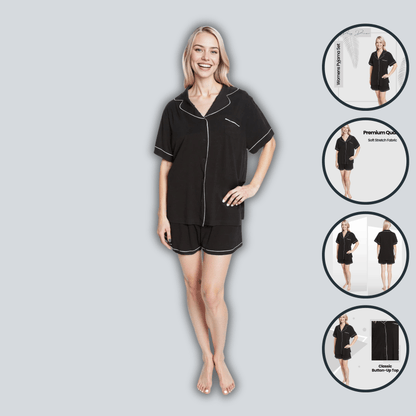 Women's Black Short Pyjama Set Super Soft Sleepwear Nightwear Button Up Top and Shorts with Pockets PJs by Daisy Dreamer Pyjamas
