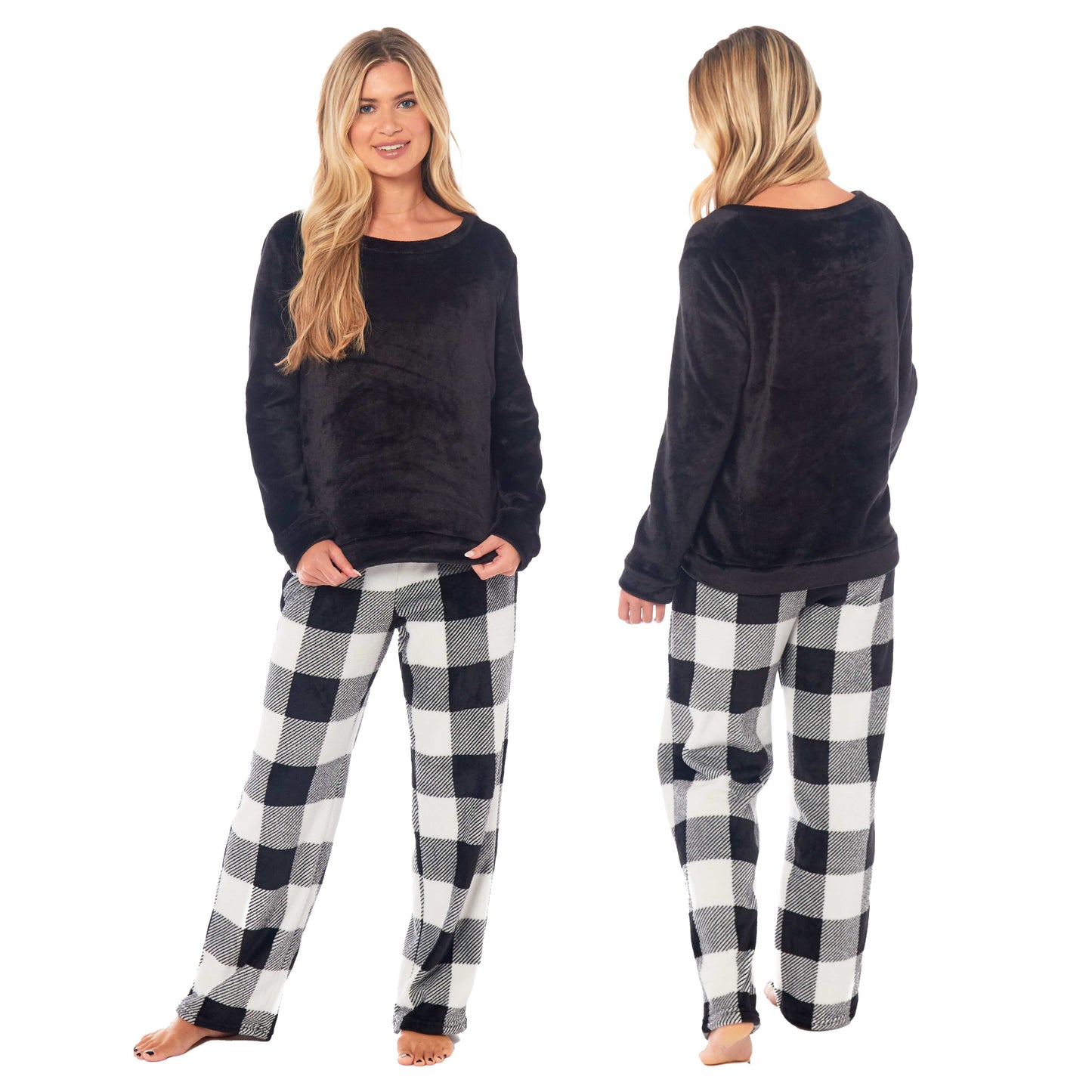 Women's Buffalo Check Fleece Pyjamas Set Long Sleeve Top & Pajama Bottoms Loungewear BLACK / S Daisy Dreamer Pyjamas