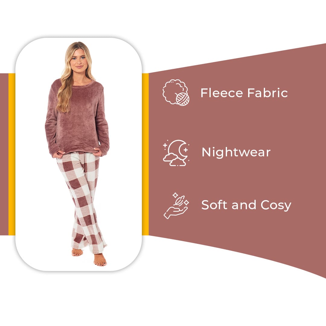 Women's Buffalo Check Fleece Pyjamas Set Long Sleeve Top & Pajama Bottoms Loungewear Daisy Dreamer Pyjamas