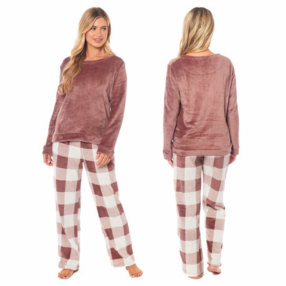 Women's Buffalo Check Fleece Pyjamas Set Long Sleeve Top & Pajama Bottoms Loungewear NATURAL / S Daisy Dreamer Pyjamas