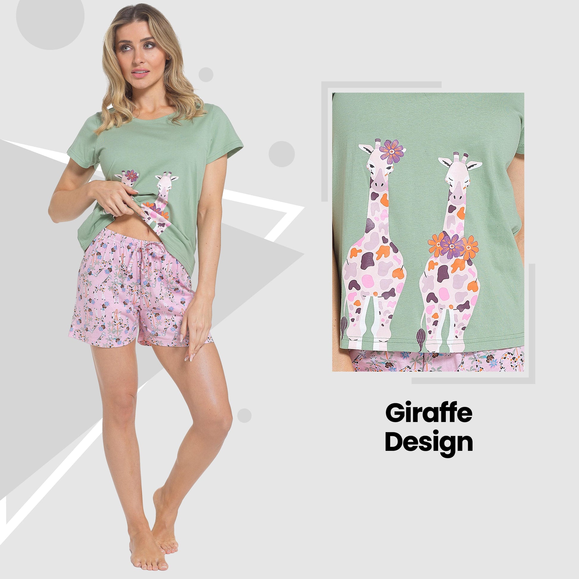 Women's Giraffe Pyjama Set T-Shirt & Shorts PJs Soft Cotton Loungewear Summer Holiday Sleepwear by Daisy Dreamer Daisy Dreamer Pyjama Set