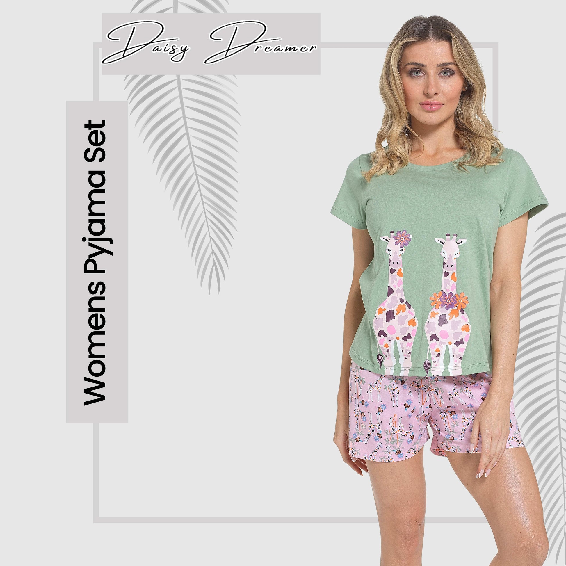 Women's Giraffe Pyjama Set T-Shirt & Shorts PJs Soft Cotton Loungewear Summer Holiday Sleepwear by Daisy Dreamer Daisy Dreamer Pyjama Set