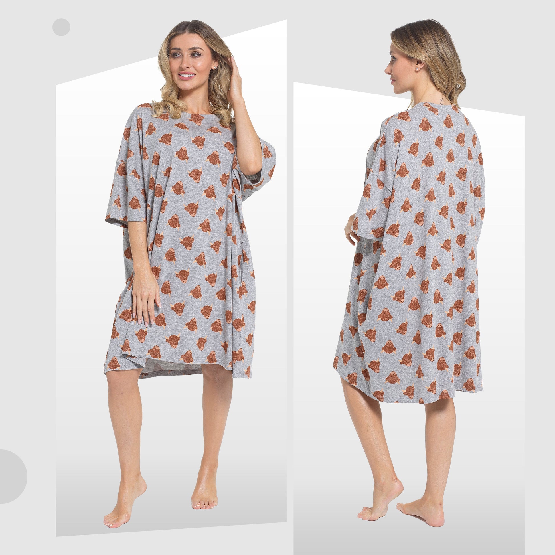 Women's Highland Cow Cream Baggy Nighty Dress Oversized T-Shirt Nighties 100% Cotton Short Sleeved Nightshirt for Ladies by Daisy Dreamer HIGHLAND COW Daisy Dreamer Night Dress