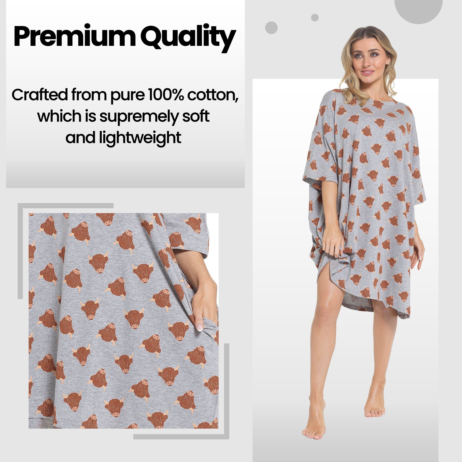 Women's Highland Cow Cream Baggy Nighty Dress Oversized T-Shirt Nighties 100% Cotton Short Sleeved Nightshirt for Ladies by Daisy Dreamer HIGHLAND COW Daisy Dreamer Night Dress