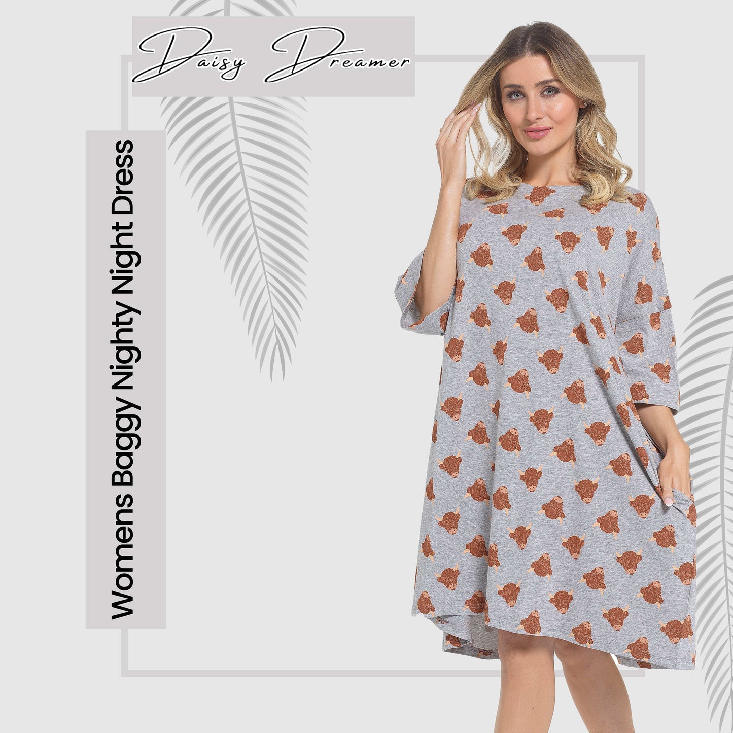 Women's Highland Cow Cream Baggy Nighty Dress Oversized T-Shirt Nighties 100% Cotton Short Sleeved Nightshirt for Ladies by Daisy Dreamer HIGHLAND COW Daisy Dreamer Night Dress