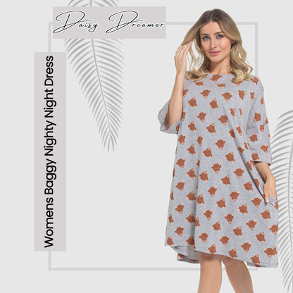 Women's Highland Cow Cream Baggy Nighty Dress Oversized T-Shirt Nighties 100% Cotton Short Sleeved Nightshirt for Ladies by Daisy Dreamer HIGHLAND COW Daisy Dreamer Night Dress