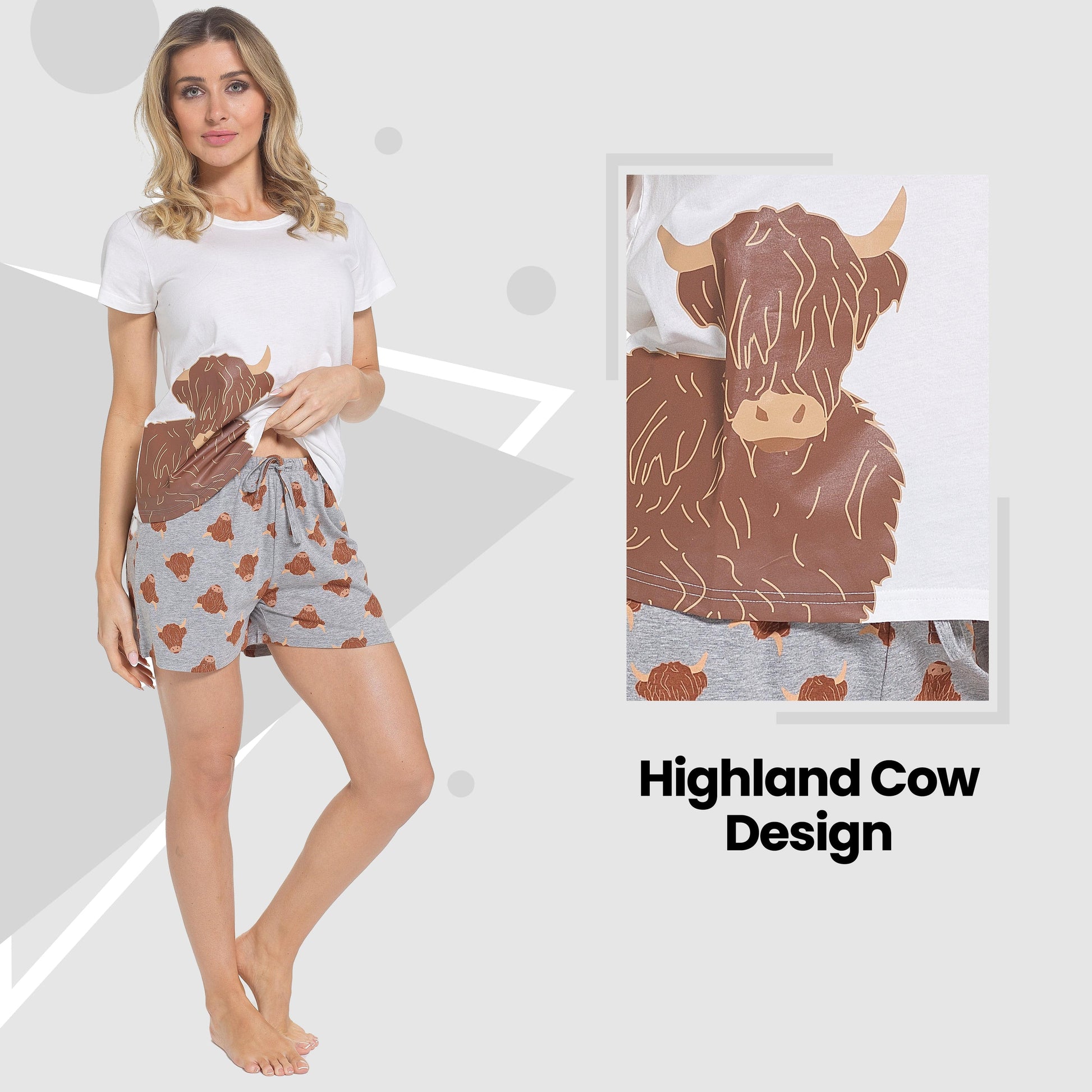 Women's Highland Cow Pyjama Set T-Shirt & Shorts PJs Soft Cotton Loungewear Summer Holiday Sleepwear by Daisy Dreamer Daisy Dreamer Pyjama Set