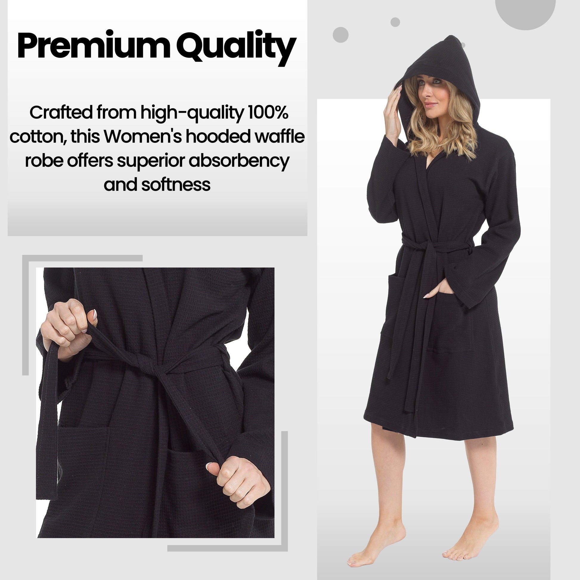 Women's Hooded Waffle Cotton Bathrobe Black Super Absorbent Spa Dressing Gown for Home Lounge & Travel by Daisy Dreamer Bathrobe