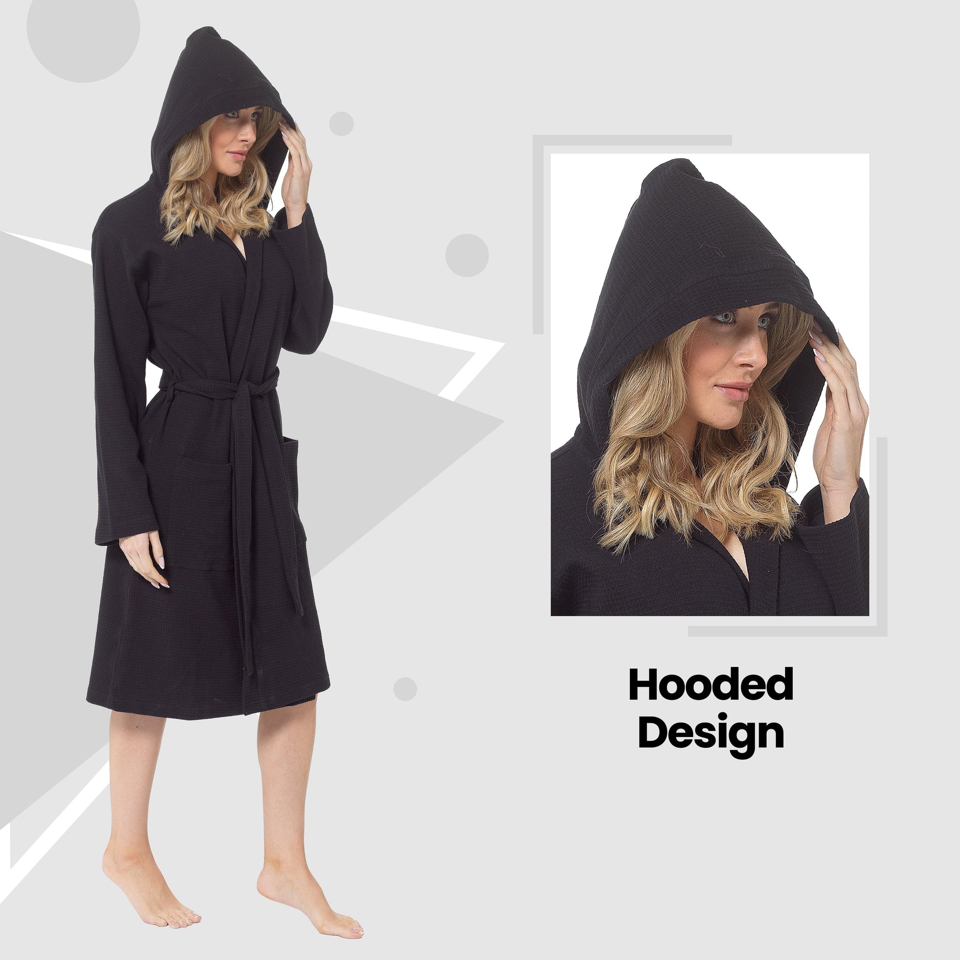 Women's Hooded Waffle Cotton Bathrobe Black Super Absorbent Spa Dressing Gown for Home Lounge & Travel by Daisy Dreamer Bathrobe
