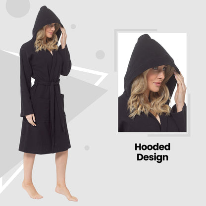 Women's Hooded Waffle Cotton Bathrobe Black Super Absorbent Spa Dressing Gown for Home Lounge & Travel by Daisy Dreamer Bathrobe