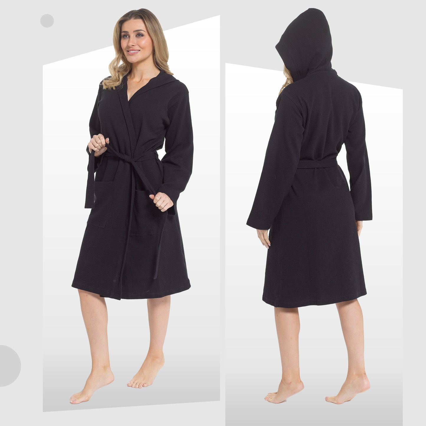 Women's Hooded Waffle Cotton Bathrobe Black Super Absorbent Spa Dressing Gown for Home Lounge & Travel by Daisy Dreamer Bathrobe