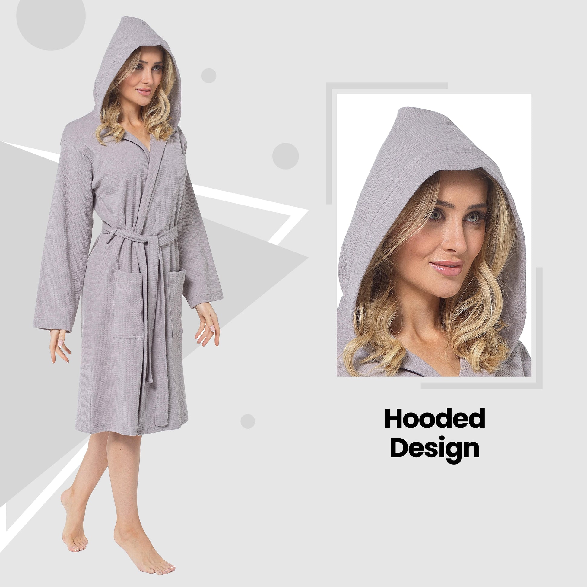 Women's Hooded Waffle Cotton Bathrobe Grey Super Absorbent Spa Dressing Gown for Home Lounge & Travel by Daisy Dreamer Daisy Dreamer Bathrobe