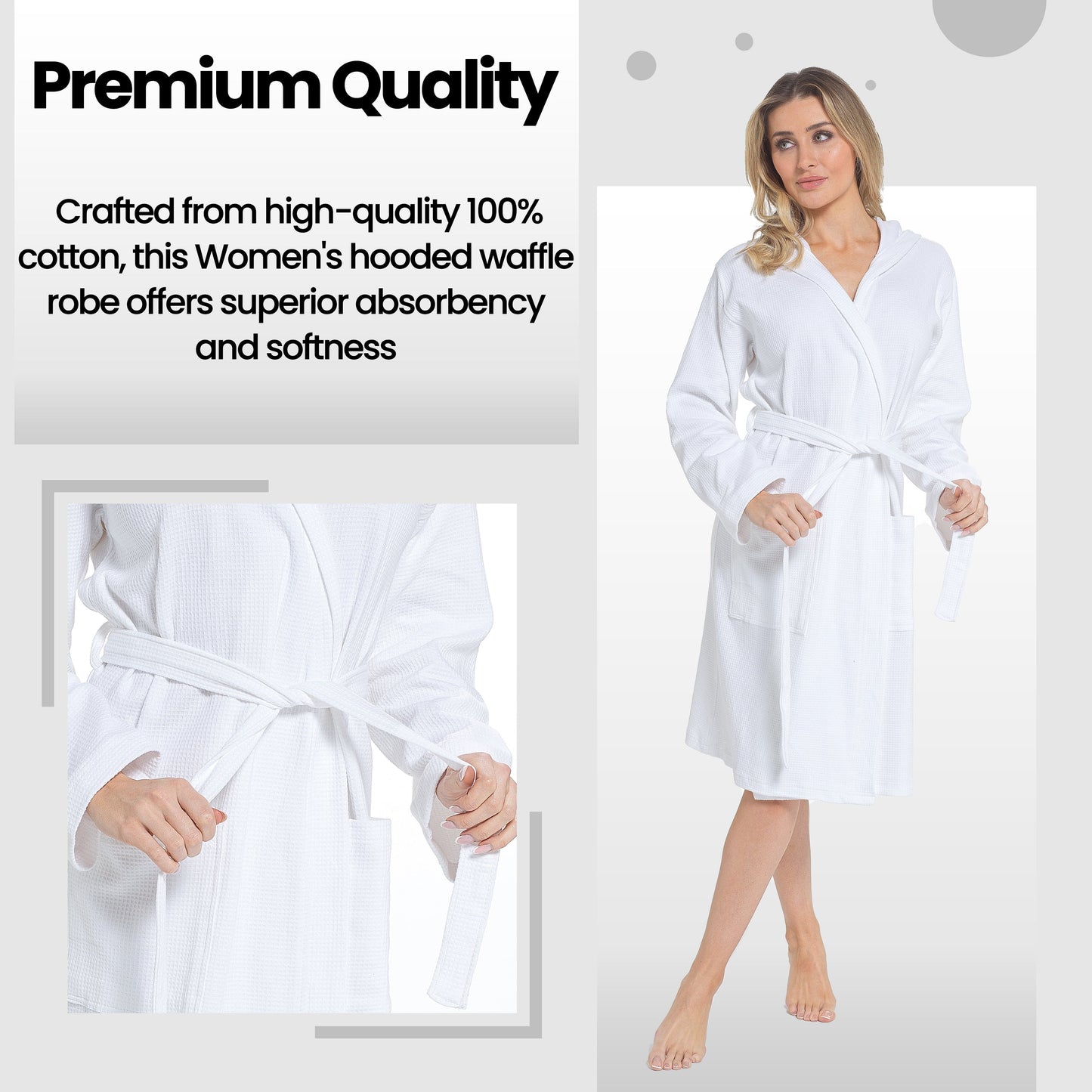 Women's Hooded Waffle Cotton Bathrobe White Super Absorbent Spa Dressing Gown for Home Lounge & Travel by Daisy Dreamer Bathrobe
