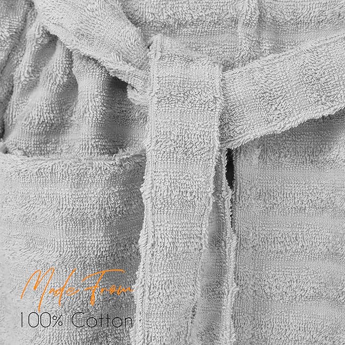 Women's Hydro Ribbed Ultra Soft 100% Cotton Hooded Bath Robes with Pockets and Belt Luxury Terry Towelling Loungewear Sleepwear in White and Grey by OLIVIA ROCCO Towels