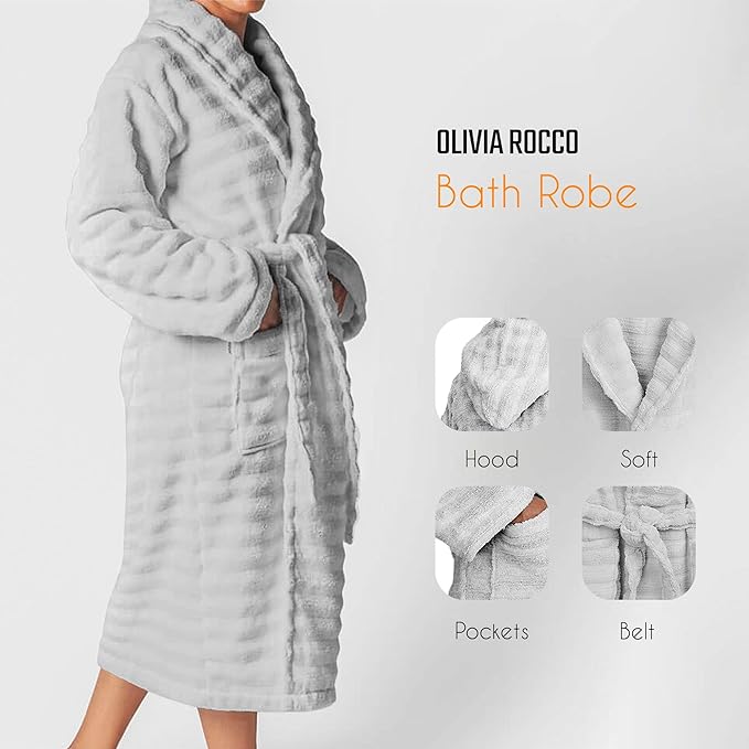 Women's Hydro Ribbed Ultra Soft 100% Cotton Hooded Bath Robes with Pockets and Belt Luxury Terry Towelling Loungewear Sleepwear in White and Grey by OLIVIA ROCCO Towels