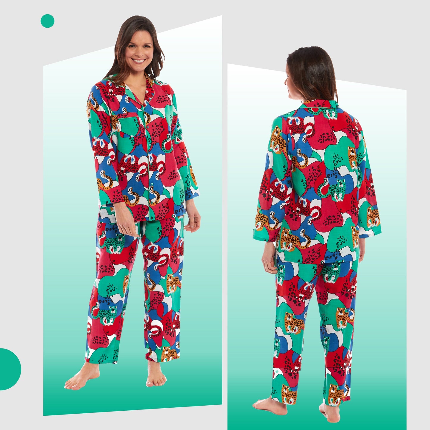 Women's Stylish Jaguar Jungle Leopard Print Long Pyjama Set Ladies Button Up PJ Set Soft Breathable Viscose Comfortable Loungewear Sleepwear by Daisy Dreamer Perfect for Relaxing Weekends Movies and Peaceful Sleep Available in Small Medium Large X-Large Daisy Dreamer Pyjamas