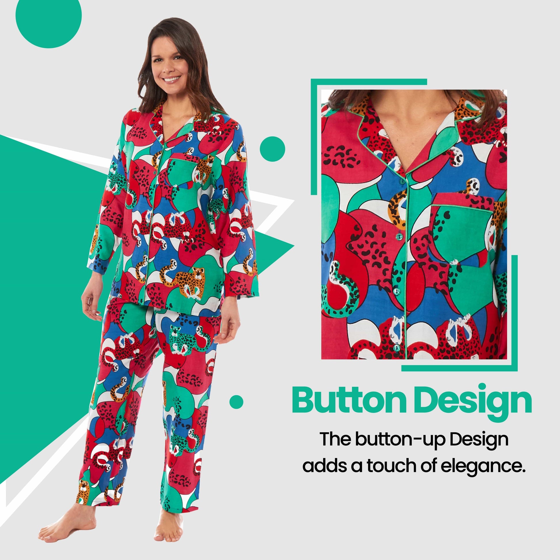 Women's Stylish Jaguar Jungle Leopard Print Long Pyjama Set Ladies Button Up PJ Set Soft Breathable Viscose Comfortable Loungewear Sleepwear by Daisy Dreamer Perfect for Relaxing Weekends Movies and Peaceful Sleep Available in Small Medium Large X-Large Daisy Dreamer Pyjamas